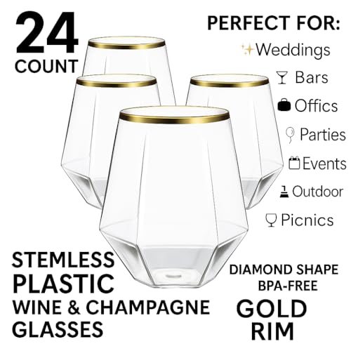 Diamond Unbreakable Stemless Plastic Wine Glasses for Indoor Outdoor Home Office Bars Gold 12 Ounce Cup BPA-Free Shatter