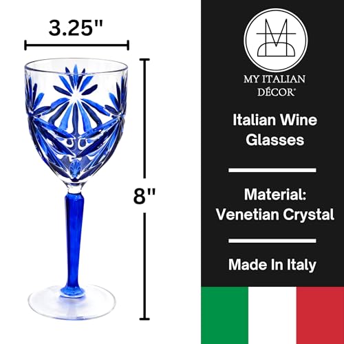 Italian Crystal Wine Glasses, Modern Wine Glasses for Aperol Spritz, Set of 2, Blue, 10 oz, Hand Blown Glassware, Made I