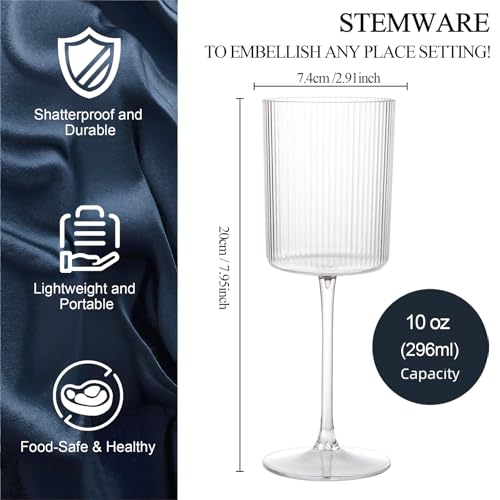 Ciaell 12 PCS Plastic Ribbed Wine Glasses - 10 OZ Stemless Champagne Cups for Parties & Weddings