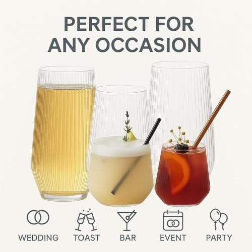  24 Pack Ribbed Origami Ripple Plastic Glasses for Weddings, Bars, and Events (Clear)
| BPA-Free Disposable Shatterproof