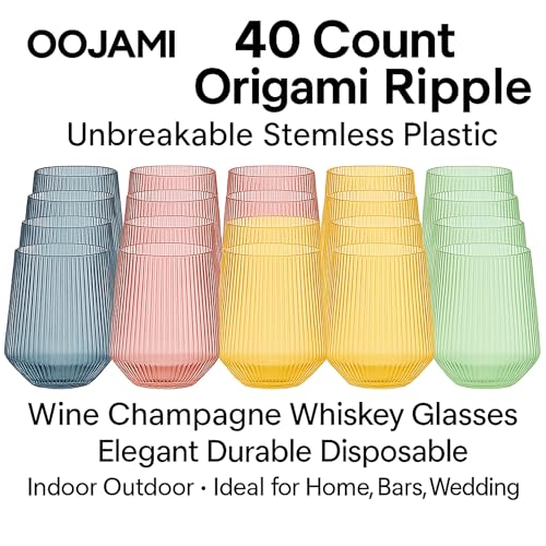 Origami Ripple Unbreakable Stemless Plastic Wine Champagne Whiskey Glasses (Color Collection) Ideal for Indoor and Outdo