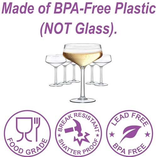 Amazing Abby Courtney 12-Ounce Plastic Coupe Glasses (Set of 6) - Reusable, BPA-Free, Shatter-Proof, Dishwasher-Safe, Pe